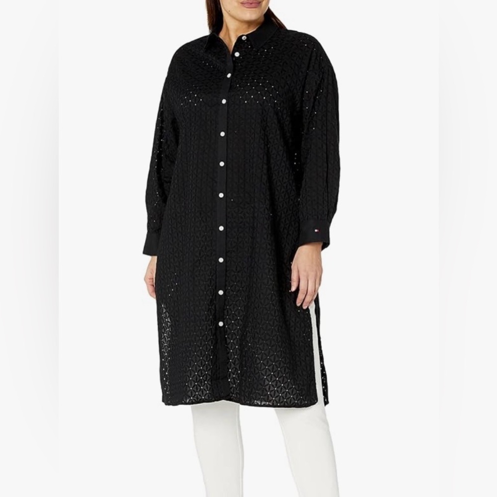 Tommy Hilfiger Light Weight Casual Long Sleeve Dress Collared Black Eyelet Small